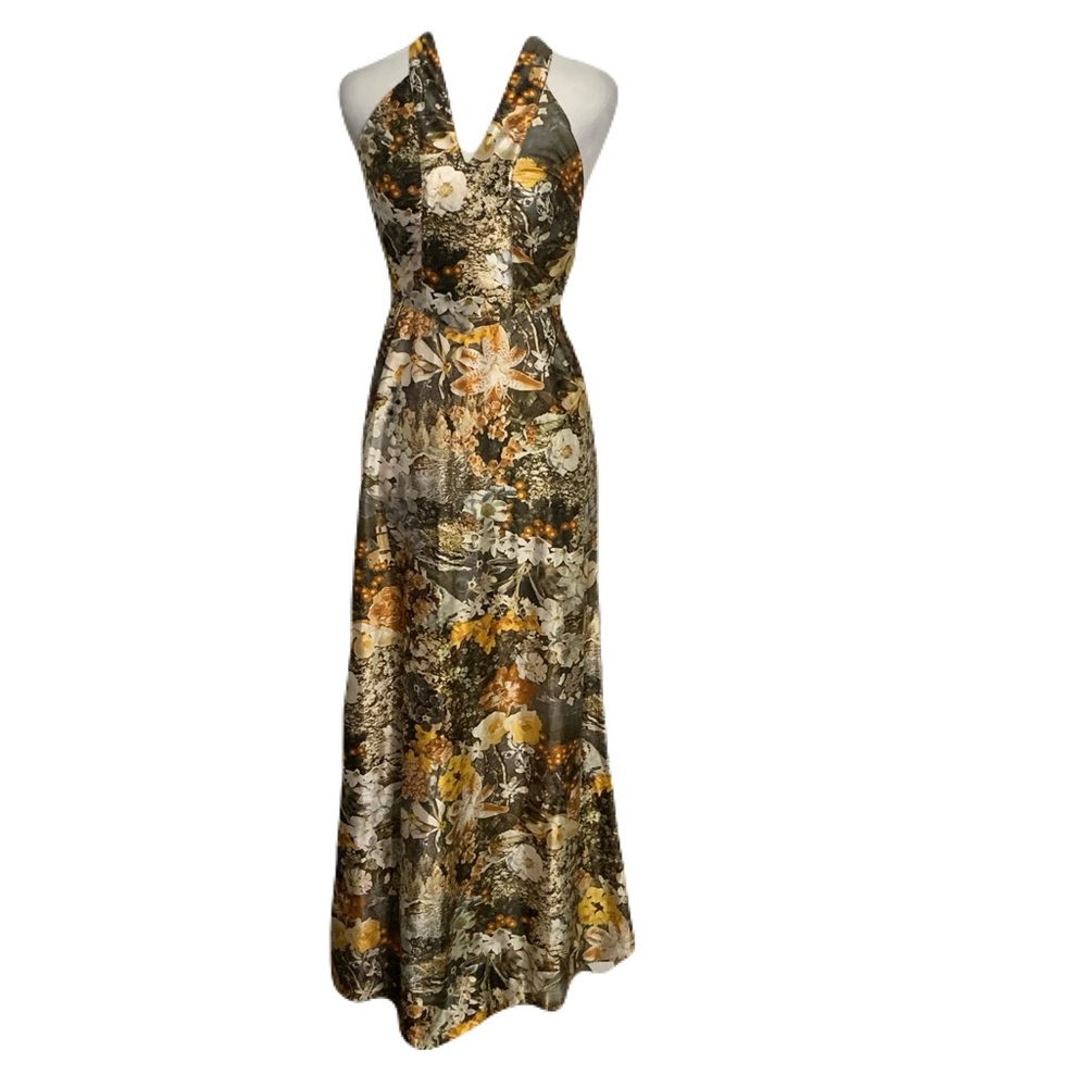 Vintage Fumi’s Originals Honolulu V Neck Halter Dark Floral Tie Back Maxi Dress